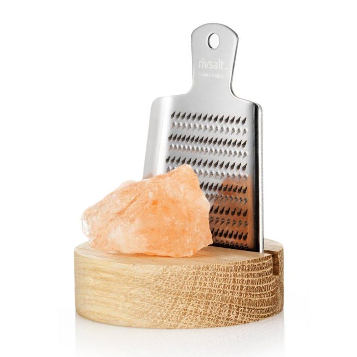 Rivsalt Set grattugia inox, sale Himalaya, base legno